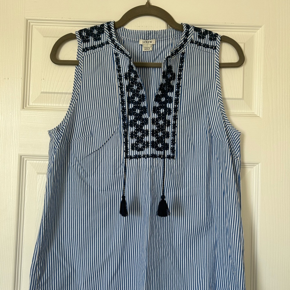 J. Crew Blue and White Striped Embroidered Top